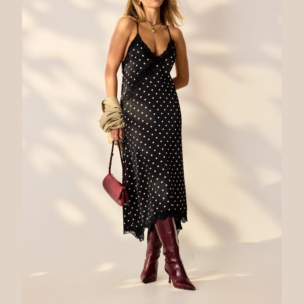Black Polka Dot Satin Lace Trim Spaghetti Strap Midi Slip Dress